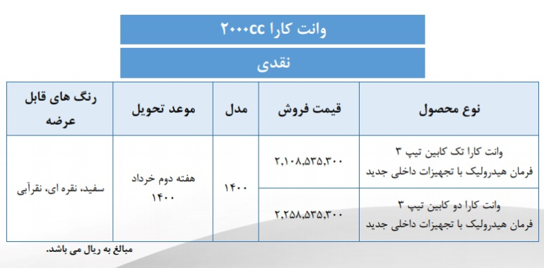 شرایط فروش نقدی وانت کارا