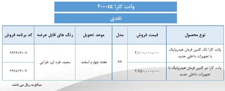 شرایط فروش نقدی وانت کارا