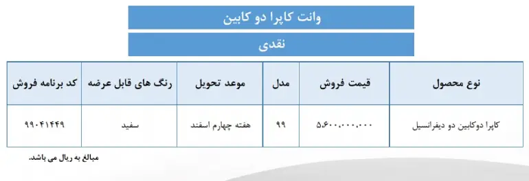 شرایط فروش نقدی کاپرا